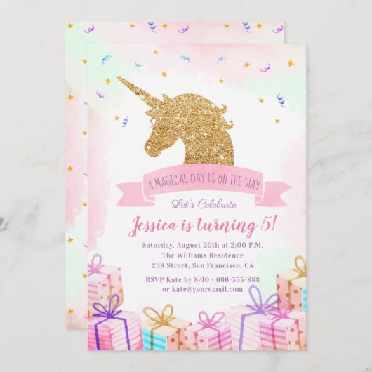 Magical Unicorn Birthday Invitation | Roze goud Kaart (Voorkant / Achterkant)