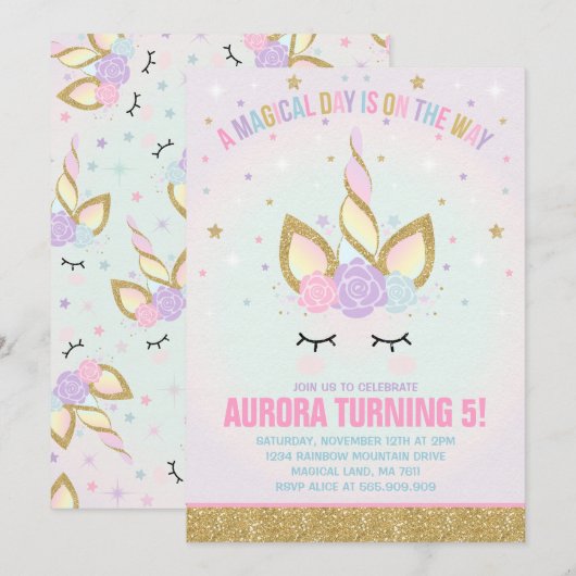 Magical Unicorn Birthday Invitation Unicorn Kaart (Voorkant / Achterkant)