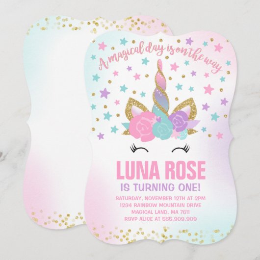 Magical Unicorn Birthday Invitation Unicorn Kaart (Voorkant / Achterkant)