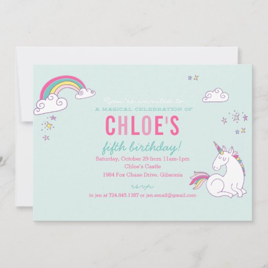 Magical Unicorn Birthday Party Invitation Kaart (Voorkant)