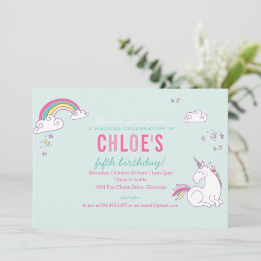 Magical Unicorn Birthday Party Invitation Kaart (Staand voorkant)