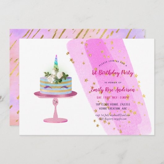 Magical Unicorn Cake Invitations d'anniversaire - (Devant / Derrière)