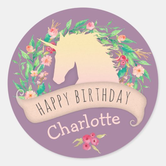 Magical Unicorn Floral Birthday Party Ronde Sticker (Voorkant)