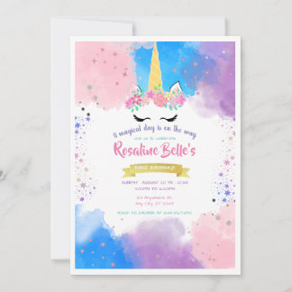 Magical Unicorn Gold Birthday Party for Girl Kaart