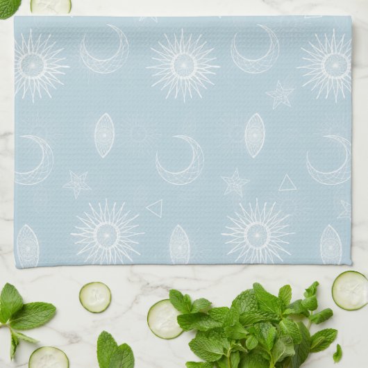 Magical White Moon Sun Stars Blue pattern Theedoek (Gevouwen)