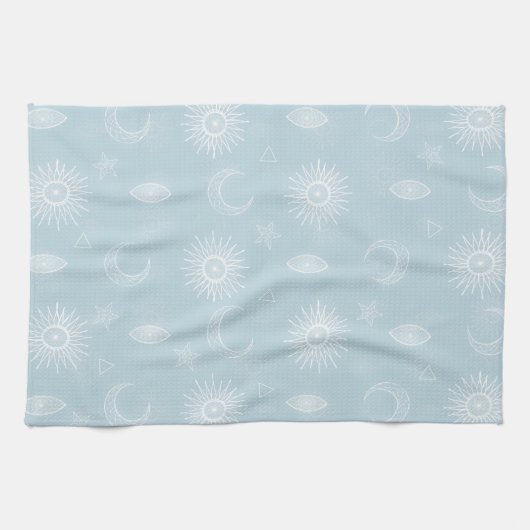 Magical White Moon Sun Stars Blue pattern Theedoek (Horizontaal)