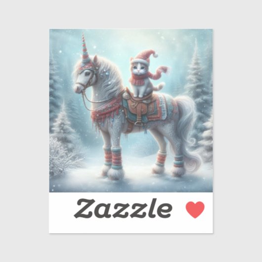 Magical Winter Unicorn & Cat Sticker – Festive Fan (Feuille)