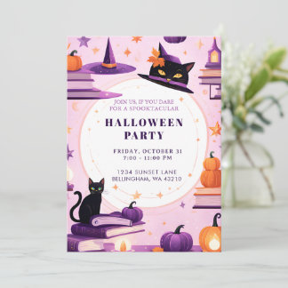 Magical Witch Cat Halloween Party Uitnodiging