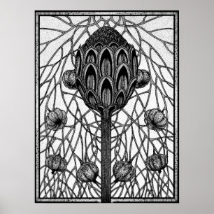 Magique Branches Fleurs Plante Encre affiche de de