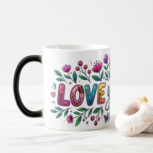 Magique Magic Morphing Mug - Floral Sunflower "Love You Mo (Avec donut)