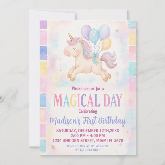 Magique Pastel Unicorn Invitation Anniversaire (Devant)
