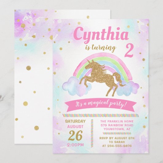 Magique Rainbow Gold Unicorn Invitation Anniversai (Devant / Derrière)