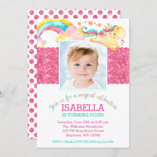 Magique Unicorn rose Anniversaire Photo Invitation