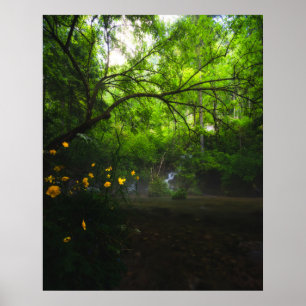 Magisch bos met gele bloemen en waterval poster