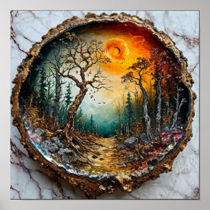 Magisch Bos Zonsondergang Houten Cirkel Fantasie N Poster