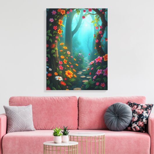 Magisch bospad met grillige wilde bloemen canvas afdruk (Insitu (Woonkamer))