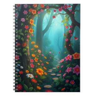Magisch bospad met grillige wilde bloemen notitieboek