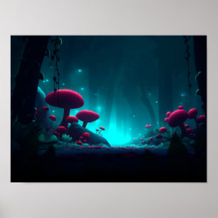 Magisch gloeiend paddenstoelenbos 's nachts poster