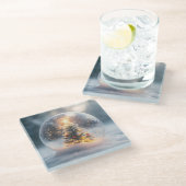 Magisch kerstsneeuw Wereldbol met gloeiende boom Glazen Onderzetter (Schuin)