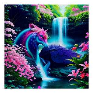 Magisch Landschap Waterval en Bloemen Twee Perfect Poster