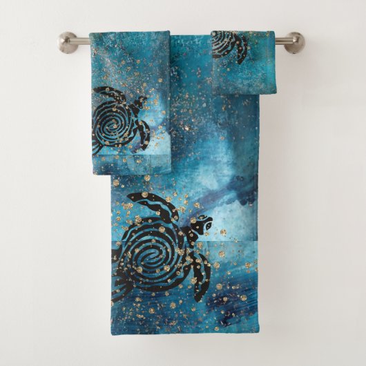 Magisch Zee Turtle Glittery Blue Bad Handdoek (Insitu)