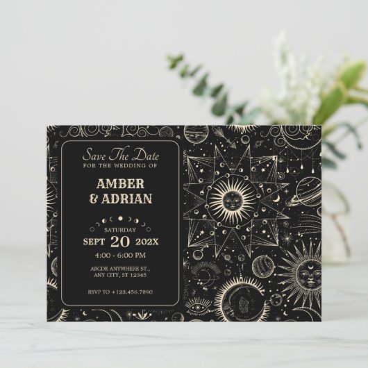 Magische astrologie boho hemelse bruiloft save the date (Staand voorkant)