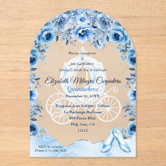 Magische Baby Blue Cinderella Quinceañera Acryl Uitnodigingen