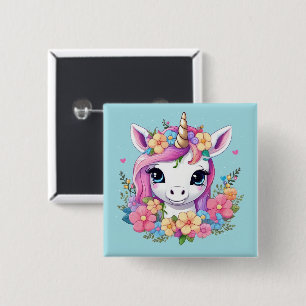 Magische Baby Eenhoorn met Bloemen Vierkante Button 5,1 Cm