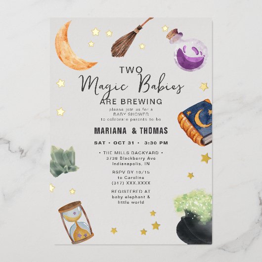 Magische baby's brouwen tweeling neutraal Baby sho Folie Uitnodiging (Voorkant)