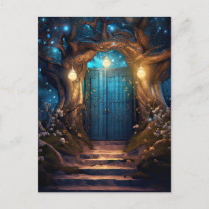 Magische betoverde fantasiebos oude blauwe deur briefkaart