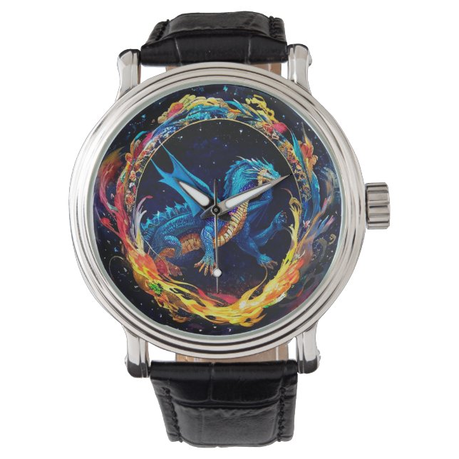 Magische blauwe draak omringd door mystieke vlamme horloge (Voorkant)