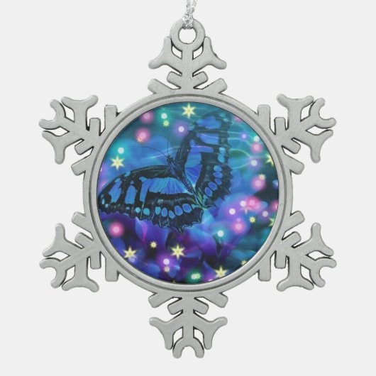 Magische blauwe vlinder tin sneeuwvlok ornament (Voorkant)