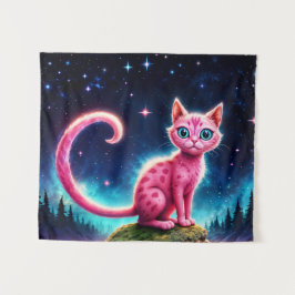 Magische blauwogige katachtige onder heldere sterr wandkleed