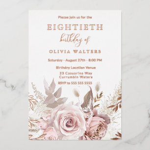 Magische Blush & Roos Bloemen 80ste Verjaardag Folie Uitnodiging