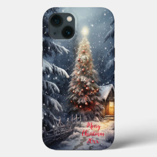Magische bos sneeuw winter vrolijke kerstboom iPhone 13 hoesje
