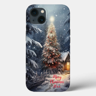 Magische bos sneeuw winter vrolijke kerstboom iPhone 13 hoesje