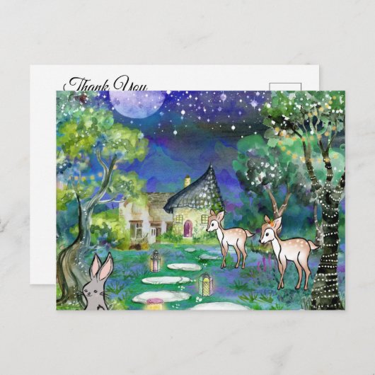 Magische bosdieren en huisje dank je wel briefkaart (Voorkant / Achterkant)