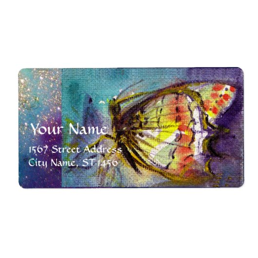 MAGISCHE BUTTERFLES IN BLUE GOLD SPARKLES ETIKET (Voorkant)