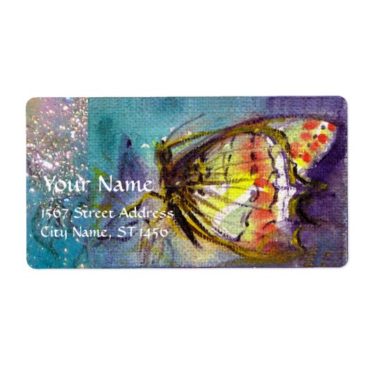 MAGISCHE BUTTERFLES IN BLUE GOLD SPARKLES ETIKET (Voorkant)