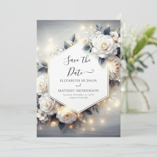 Magische Chic White Roses bruiloft Save The Date (Staand voorkant)