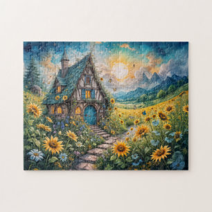 Magische cottage met zonnebloemenveld legpuzzel