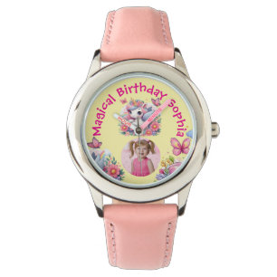 Magische Cute Bloemige Eenhoorn Foto Verjaardagsca Horloge