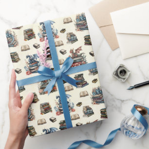 Magische Draken & Boeken op Lichtgeel Cadeaupapier