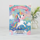 Magische Eenhoorn 3e verjaardag Uitnodiging | Roze (Staand voorkant)