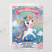 Magische Eenhoorn 3e verjaardag Uitnodiging | Roze (Voorkant / Achterkant)