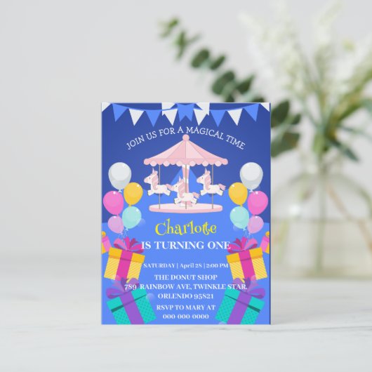 Magische Eenhoorn regenboog carrousel patroon verj Uitnodiging Briefkaart (Staand voorkant)