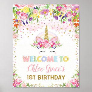 Magische Eenhoorn Roze Gouden Bloemige Verjaardags Poster