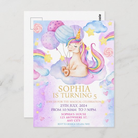 Magische Eenhoorn Verjaardag Uitnodiging Rainbow (Voorkant / Achterkant)