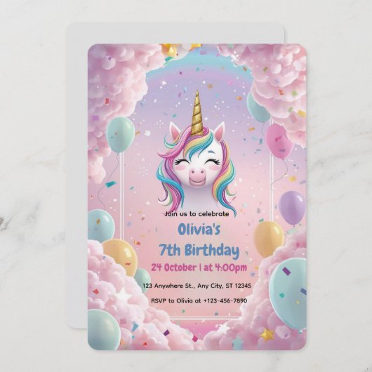 Magische Eenhoorn Verjaardag Uitnodiging – Regenbo (Voorkant / Achterkant)
