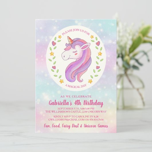Magische Eenhoorn Verjaardagsfeest Uitnodiging (Staand voorkant)